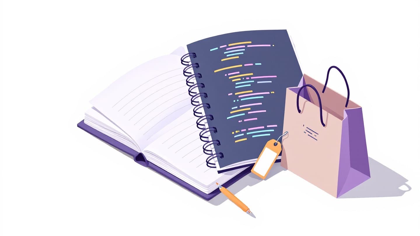 Illustration of an open reference notebook with lines of code beside a shopping bag and a price tag.
